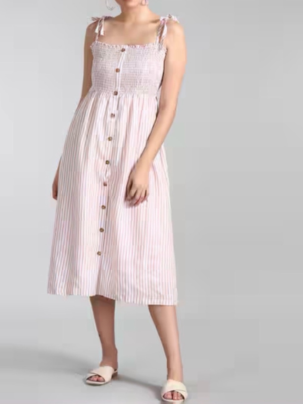 Gap Womens 100% Linen Smocked Bodice Pink White Stripe Midi Dress, Size Medium